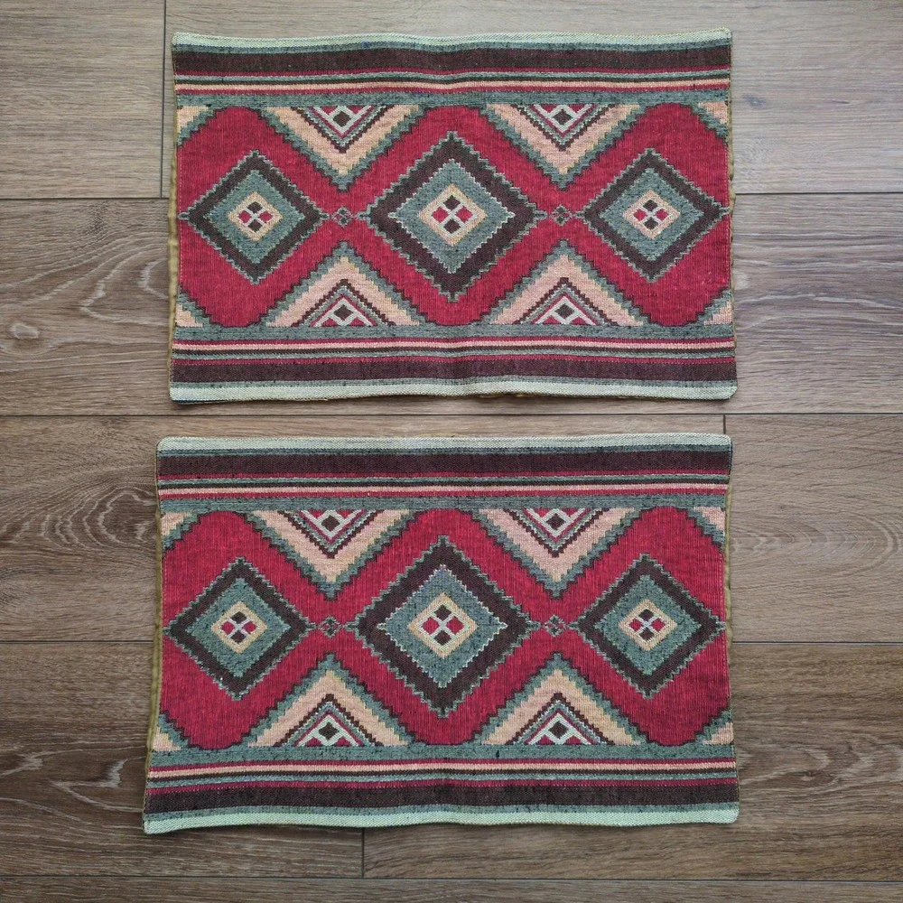 Southwest‎ Placemats Set (4) Red Geometric Woven Green Tan Diamond Tapestry